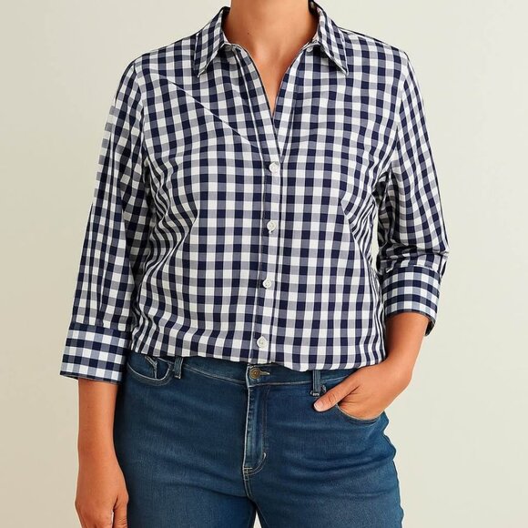 Foxcroft Preppy Navy & White Gingham Non-Iron Button-Up Shirt [size 18] - Picture 1 of 10